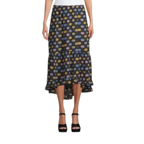 Anna Sui Dresses & Skirts - Anna Sui Black Multicolor Lip Print Ruffle Hem Retro Art Midi Skirt Size Large